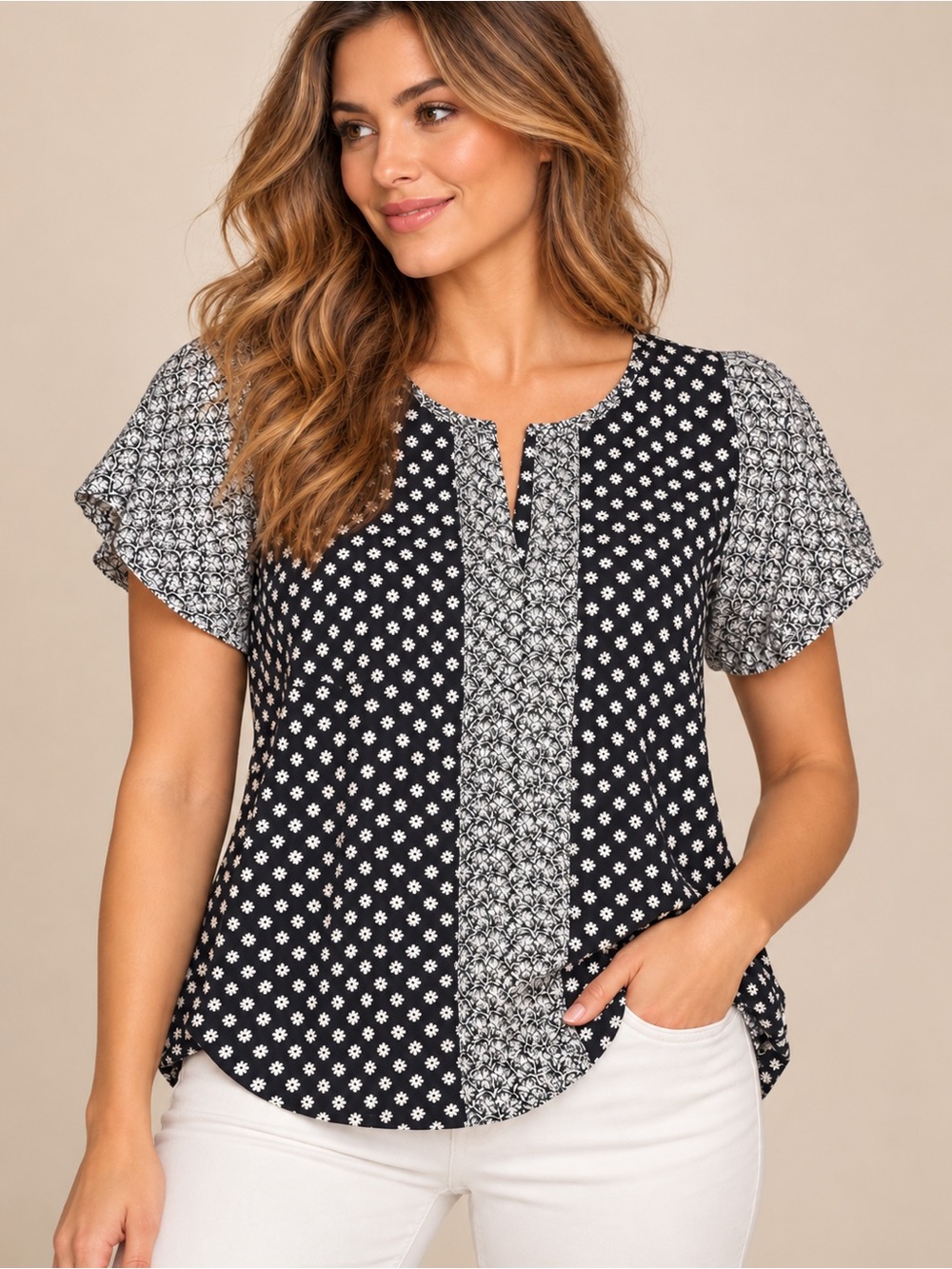 Lucky Brand Black and White Mixed Print Short Sleeve Top